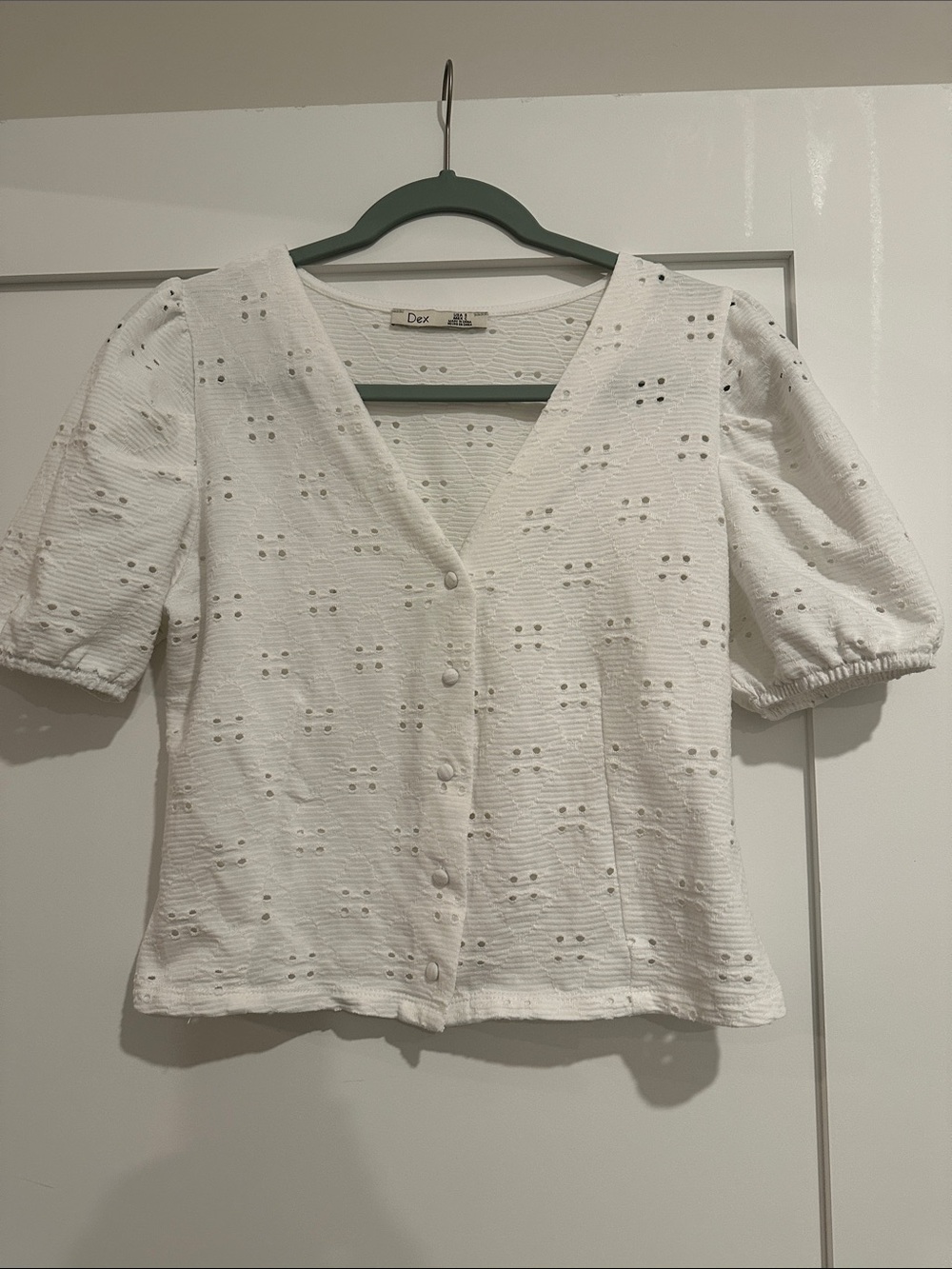 Dex White Eyelet Button-Front Puff Sleeve Top